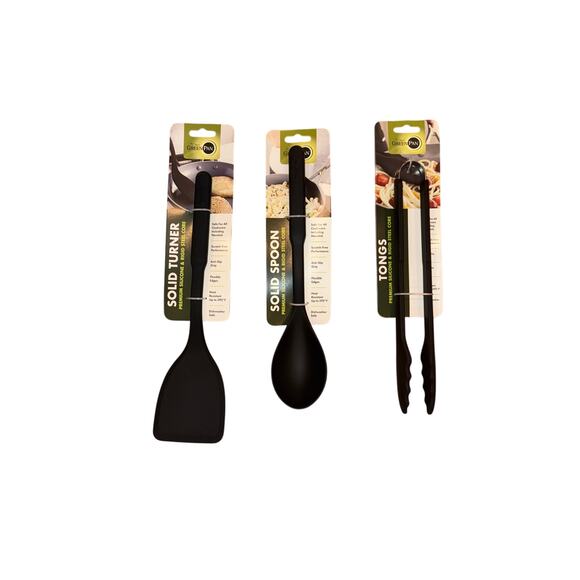 GreenPan 3 piece silicone utensils black set tongs, spoon & turner NWT - Picture 1 of 1